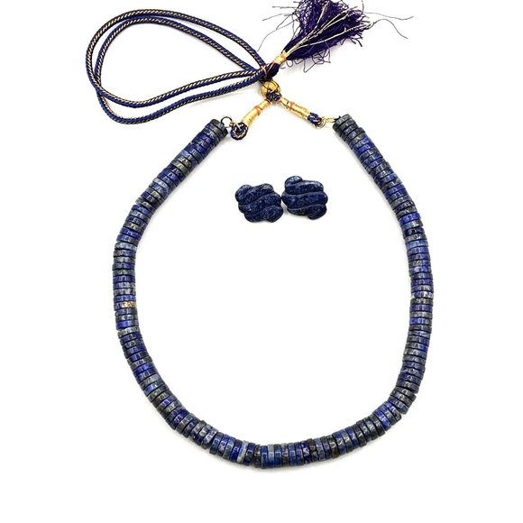 LAPIS LAZULI Disc Saucer Bead Necklace Earring Set Adjustable String Closure 20" - Picture 4 of 10